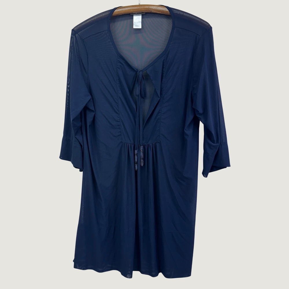 Tommy Bahama Mesh Swim Cover Up Size S Navy‎ Blue Beaded Tassel Sheer Resortwear